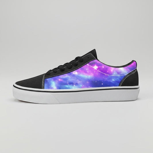 Freaky Shoes® women's low-top canvas skate shoes featuring a vibrant purple and blue galaxy nebula space print.