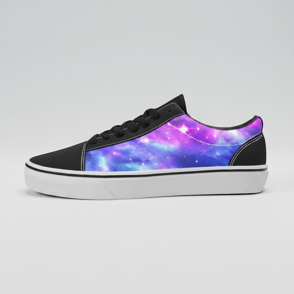 Freaky Shoes® men's low-top canvas skateboarding sneakers featuring a vibrant purple and blue galaxy nebula print.