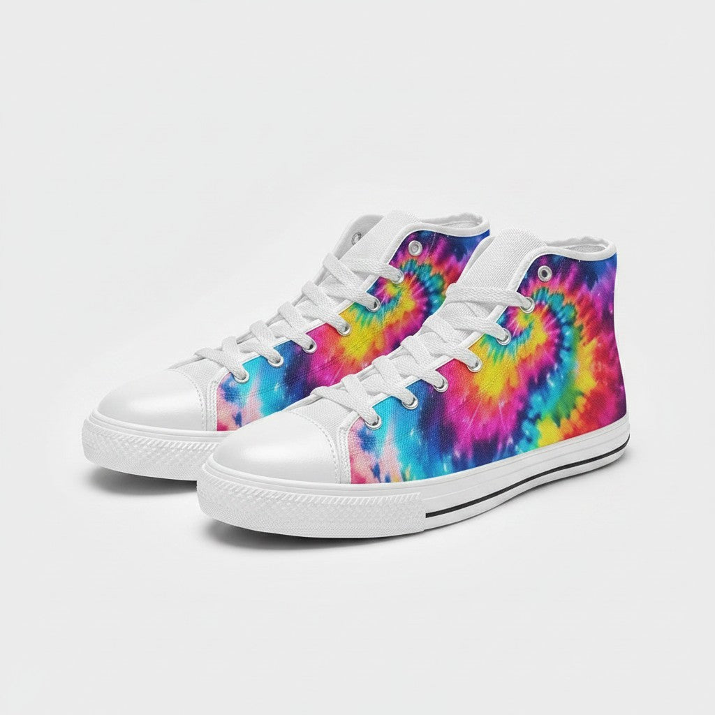 Freaky Shoes® women's high-top canvas sneakers featuring a vibrant galaxy tie-dye gradient print with white laces.