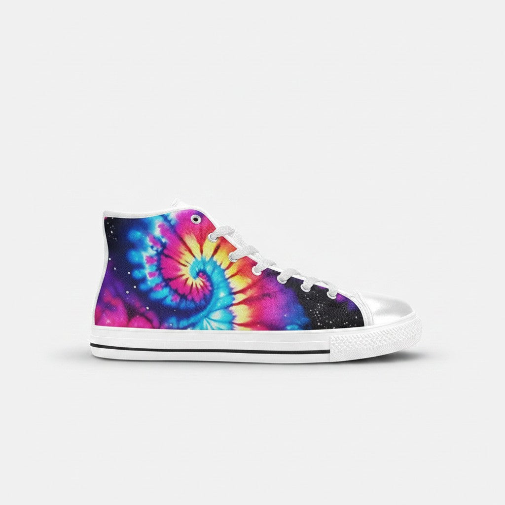 Freaky Shoes® men's high-top canvas sneakers featuring a vibrant galaxy tie-dye spiral pattern in pink and blue.
