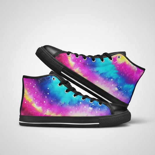 Freaky Shoes® high-top canvas sneakers featuring a vibrant galaxy tie-dye gradient print with black trim and laces.