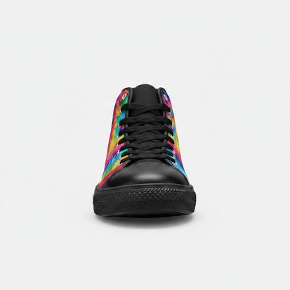 Freaky Shoes® men's high-top canvas sneakers featuring a vibrant galaxy tie-dye gradient print and black trim.