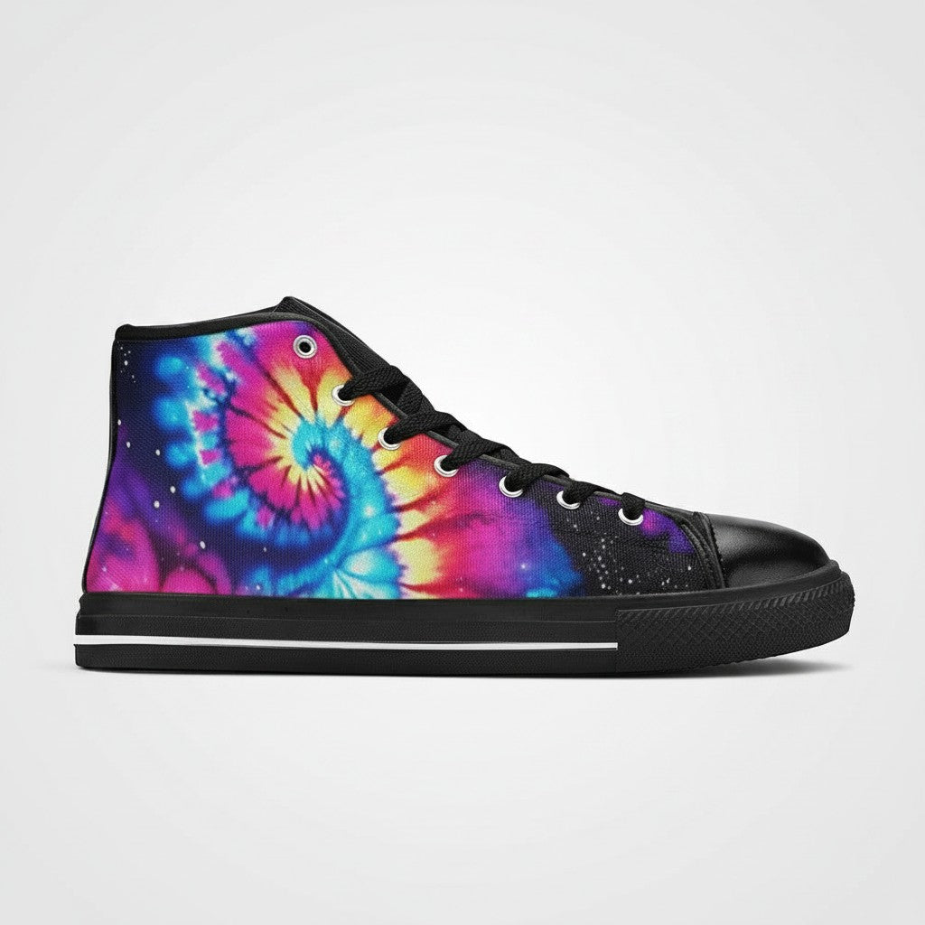 Freaky Shoes® women's high-top canvas sneakers featuring a vibrant galaxy tie-dye gradient pink and blue spiral print.