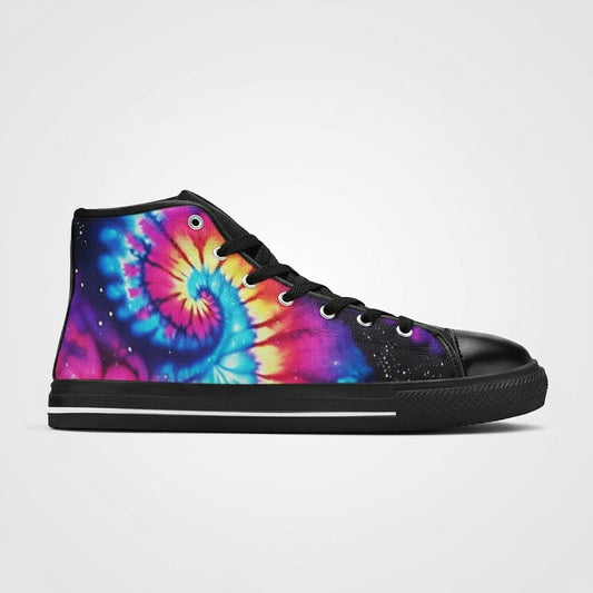 Freaky Shoes® women's high-top canvas sneakers featuring a vibrant galaxy tie-dye gradient pink and blue spiral print.