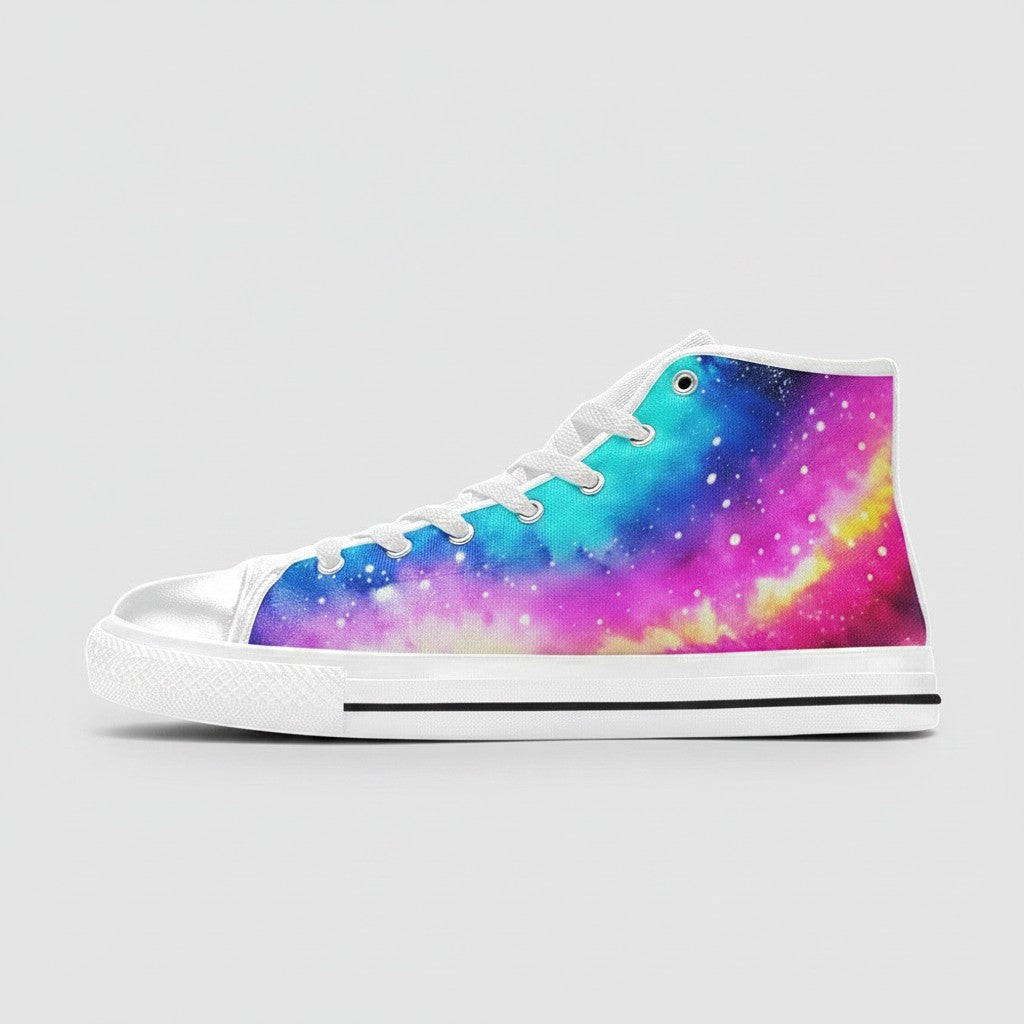 Freaky Shoes® men's high-top canvas sneakers featuring a vibrant galaxy tie-dye gradient print with white laces and sole