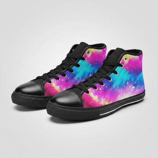 Freaky Shoes® women's high-top canvas sneakers featuring a vibrant galaxy tie-dye gradient print and black trim.