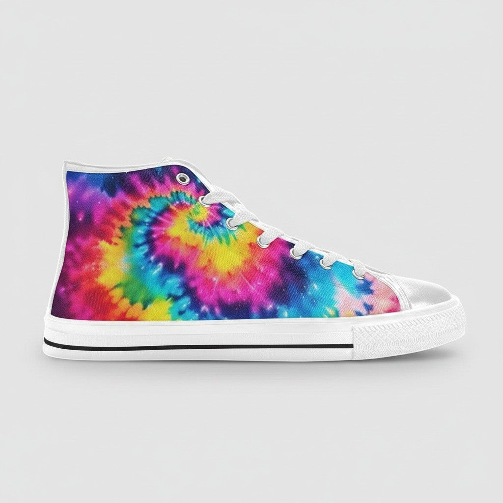Freaky Shoes® high-top canvas sneakers featuring a vibrant galaxy tie-dye gradient print with white laces and soles.
