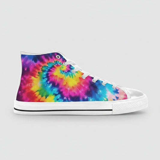 Freaky Shoes® high-top canvas sneakers featuring a vibrant galaxy tie-dye gradient print with white laces and soles.