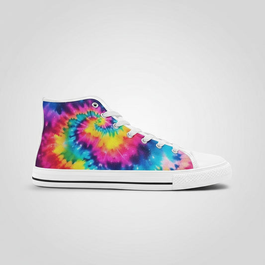 Freaky Shoes® women's high-top canvas sneakers featuring a vibrant galaxy tie-dye gradient print with white laces.