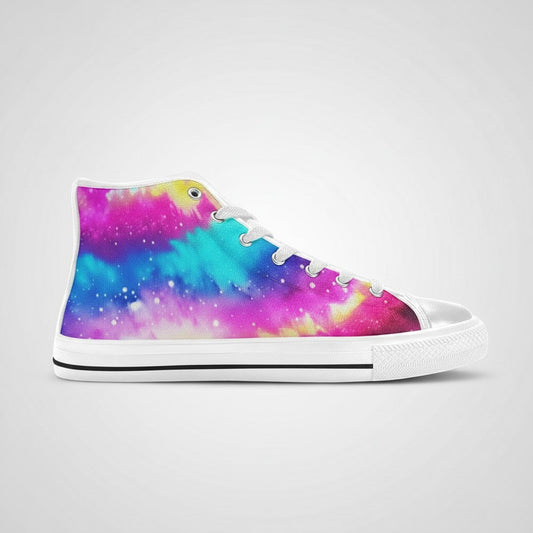 Freaky Shoes® men's high-top canvas sneakers featuring a vibrant galaxy tie-dye gradient print with white laces.
