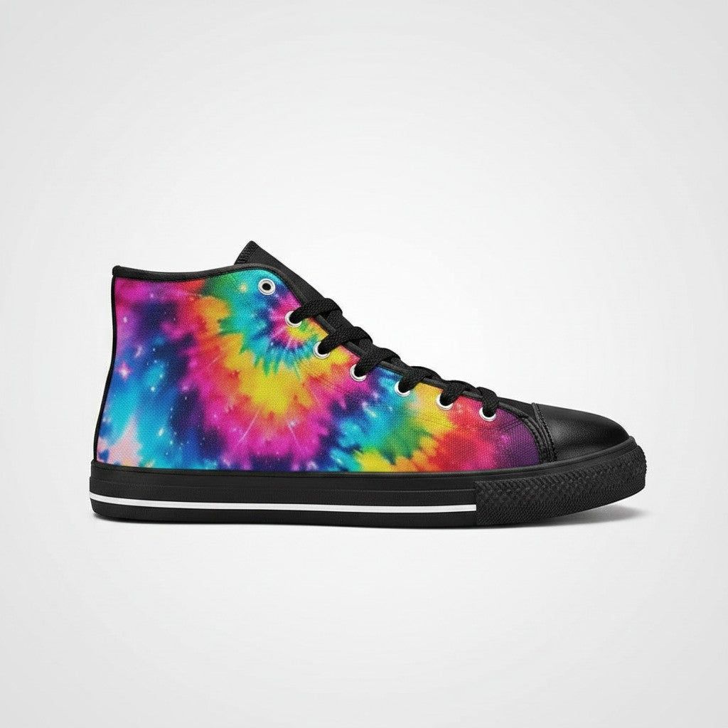 Freaky Shoes® women's high-top canvas sneakers featuring a vibrant galaxy tie-dye gradient and black trim.