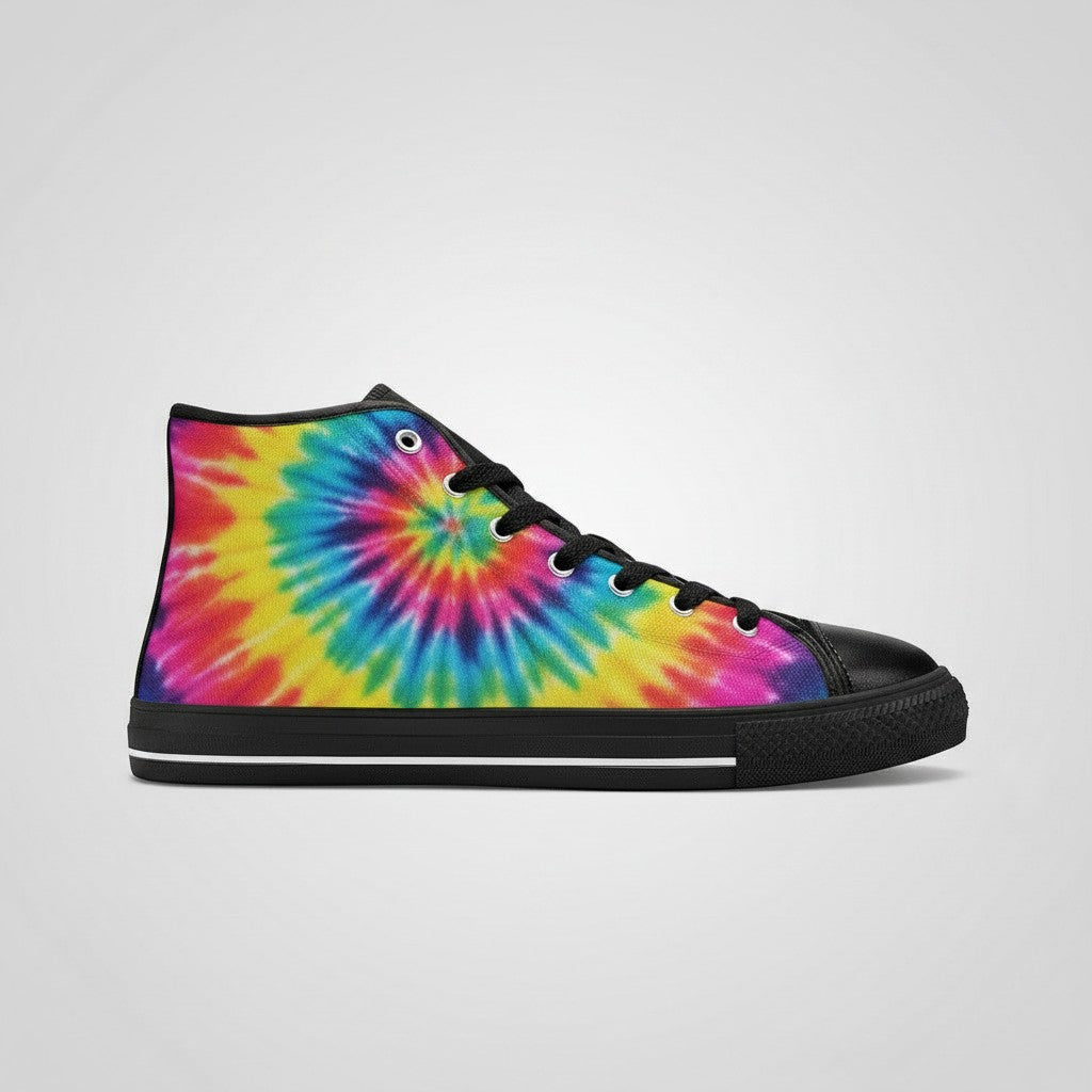 Freaky Shoes® women's high-top canvas sneakers featuring a vibrant multi-color galaxy tie-dye pattern and black trim.