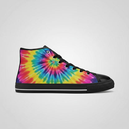 Freaky Shoes® women's high-top canvas sneakers featuring a vibrant multi-color galaxy tie-dye pattern and black trim.