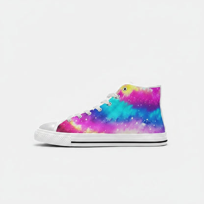 Freaky Shoes® women's high-top canvas sneakers featuring a vibrant galaxy tie-dye gradient and outer space print.