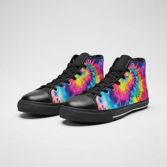 Freaky Shoes® high-top canvas sneakers featuring a vibrant galaxy tie-dye gradient print with black trim and laces.