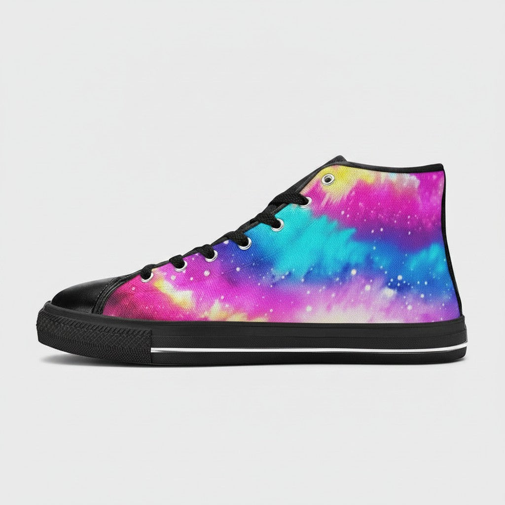 Freaky Shoes® women's high-top canvas sneakers featuring a vibrant galaxy tie-dye gradient and black trim.