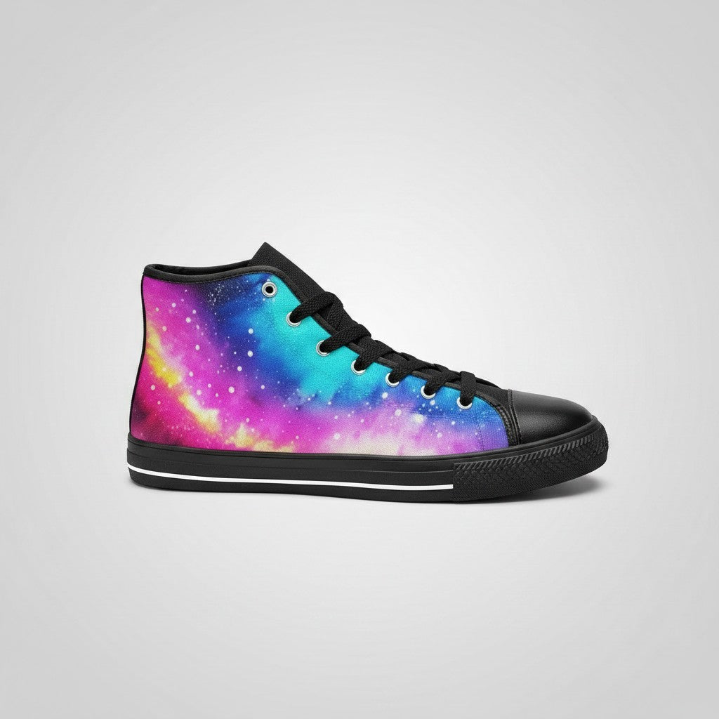 Freaky Shoes® high-top canvas sneakers featuring a vibrant galaxy tie-dye gradient print with black laces and trim.