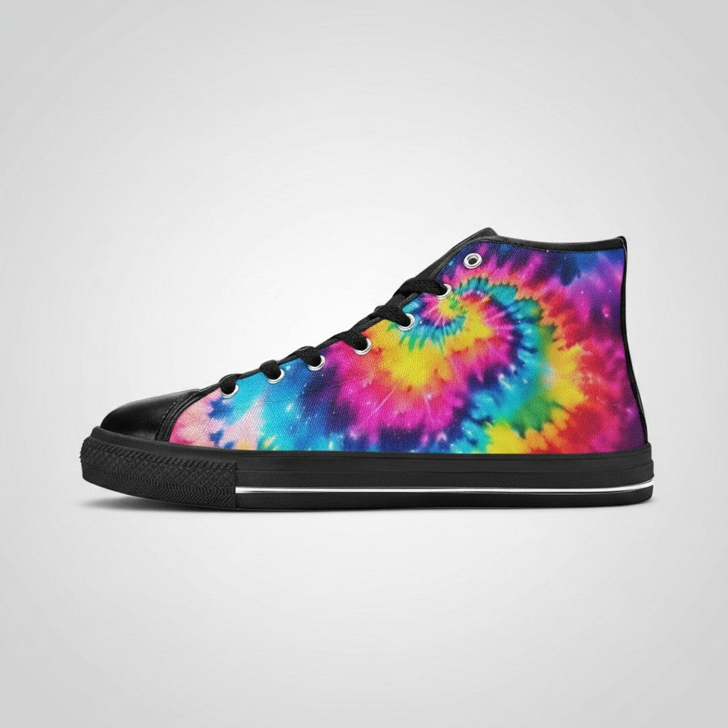 Freaky Shoes® high-top canvas sneakers featuring a vibrant galaxy tie-dye gradient print with black trim and laces.