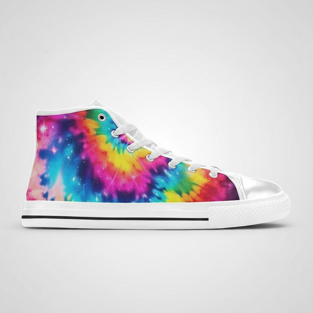 Freaky Shoes® women's high-top canvas sneakers featuring a vibrant galaxy tie-dye gradient print and white laces.