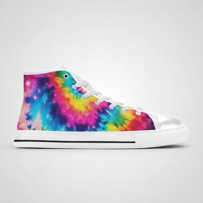 Freaky Shoes® women's high-top canvas sneakers featuring a vibrant galaxy tie-dye gradient print and white laces.