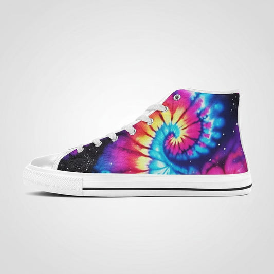 Freaky Shoes® men's high-top canvas sneakers featuring a vibrant galaxy tie-dye pink and blue gradient spiral pattern.