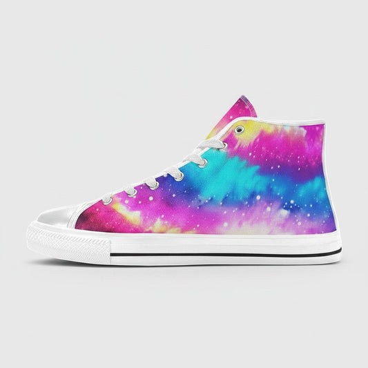 Freaky Shoes® women's high-top canvas sneakers featuring a vibrant galaxy tie-dye gradient print with white soles.