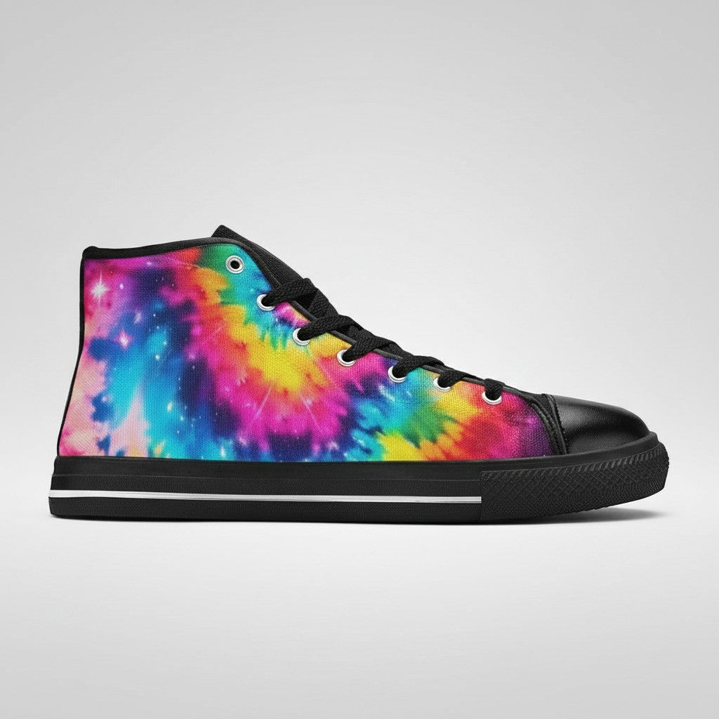 Freaky Shoes® women's high-top canvas sneakers featuring a vibrant galaxy tie-dye gradient print with black trim.