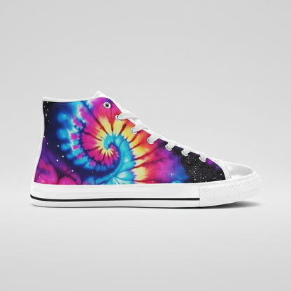 Freaky Shoes® women's high-top canvas sneakers featuring a vibrant galaxy tie-dye pink and blue gradient spiral print.