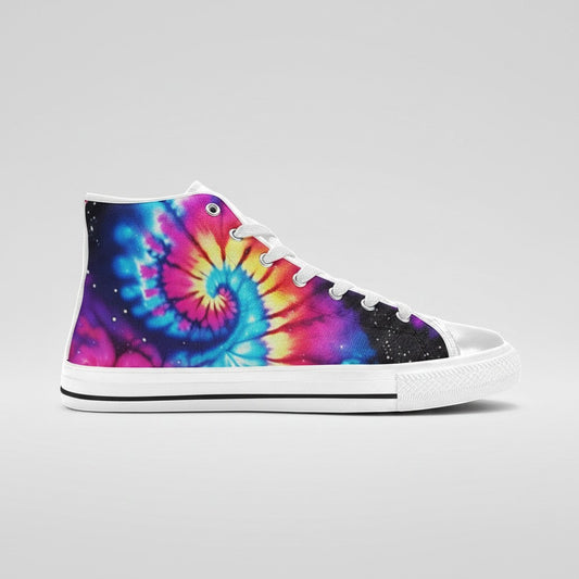 Freaky Shoes® women's high-top canvas sneakers featuring a vibrant galaxy tie-dye pink and blue gradient spiral print.