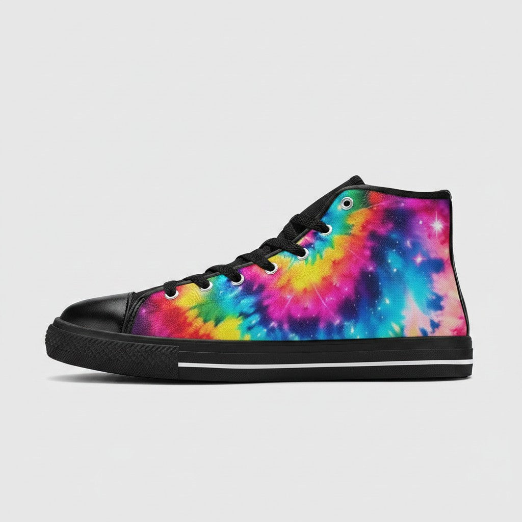 Freaky Shoes® men's high-top canvas sneakers featuring a vibrant galaxy tie-dye gradient print with black trim.