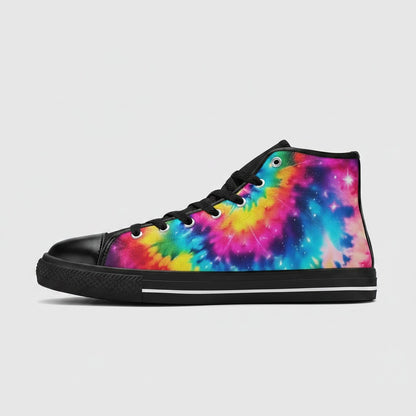 Freaky Shoes® men's high-top canvas sneakers featuring a vibrant galaxy tie-dye gradient print with black trim.