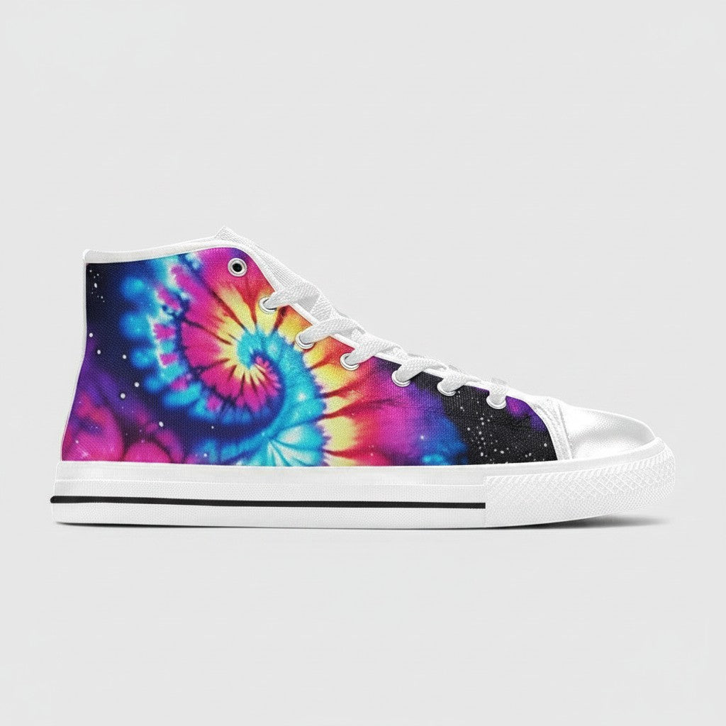 Freaky Shoes® high-top canvas sneakers featuring a vibrant galaxy tie-dye gradient pink and blue spiral design.