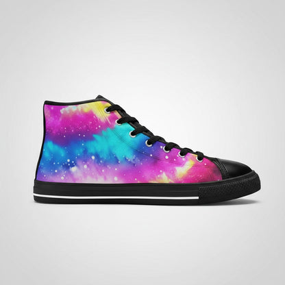 Freaky Shoes® high-top canvas sneakers featuring a vibrant galaxy tie-dye gradient print with black trim and laces.
