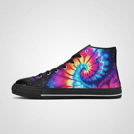 Freaky Shoes® men's high-top canvas sneakers featuring a vibrant galaxy tie-dye spiral pattern in pink and blue.