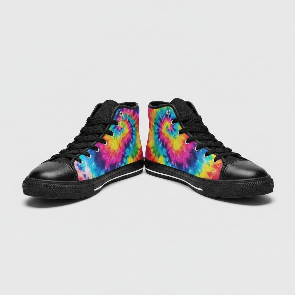 Freaky Shoes® women's high-top canvas sneakers featuring a vibrant galaxy tie-dye gradient pattern and black trim.