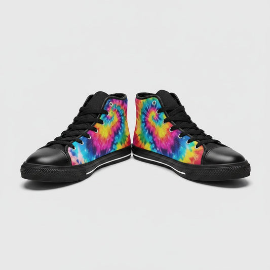 Freaky Shoes® women's high-top canvas sneakers featuring a vibrant galaxy tie-dye gradient pattern and black trim.