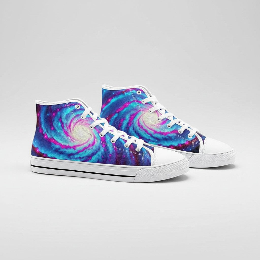 Freaky Shoes® Galaxy Twist high-top canvas sneakers featuring a vibrant blue and purple spiral galaxy print.