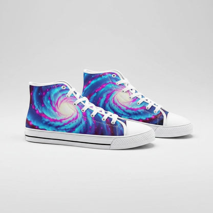 Freaky Shoes® Galaxy Twist high-top canvas sneakers featuring a vibrant blue and purple spiral galaxy print.