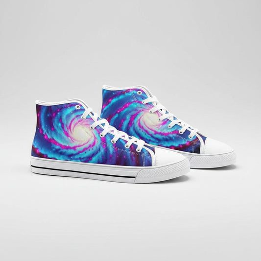 Freaky Shoes® Galaxy Twist high-top canvas sneakers featuring a vibrant blue and purple spiral galaxy print.
