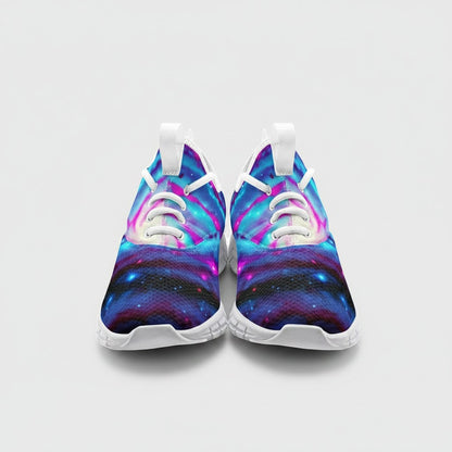 Freaky Shoes® Galaxy Twist high-top canvas shoes featuring a vibrant blue and pink nebula space print.
