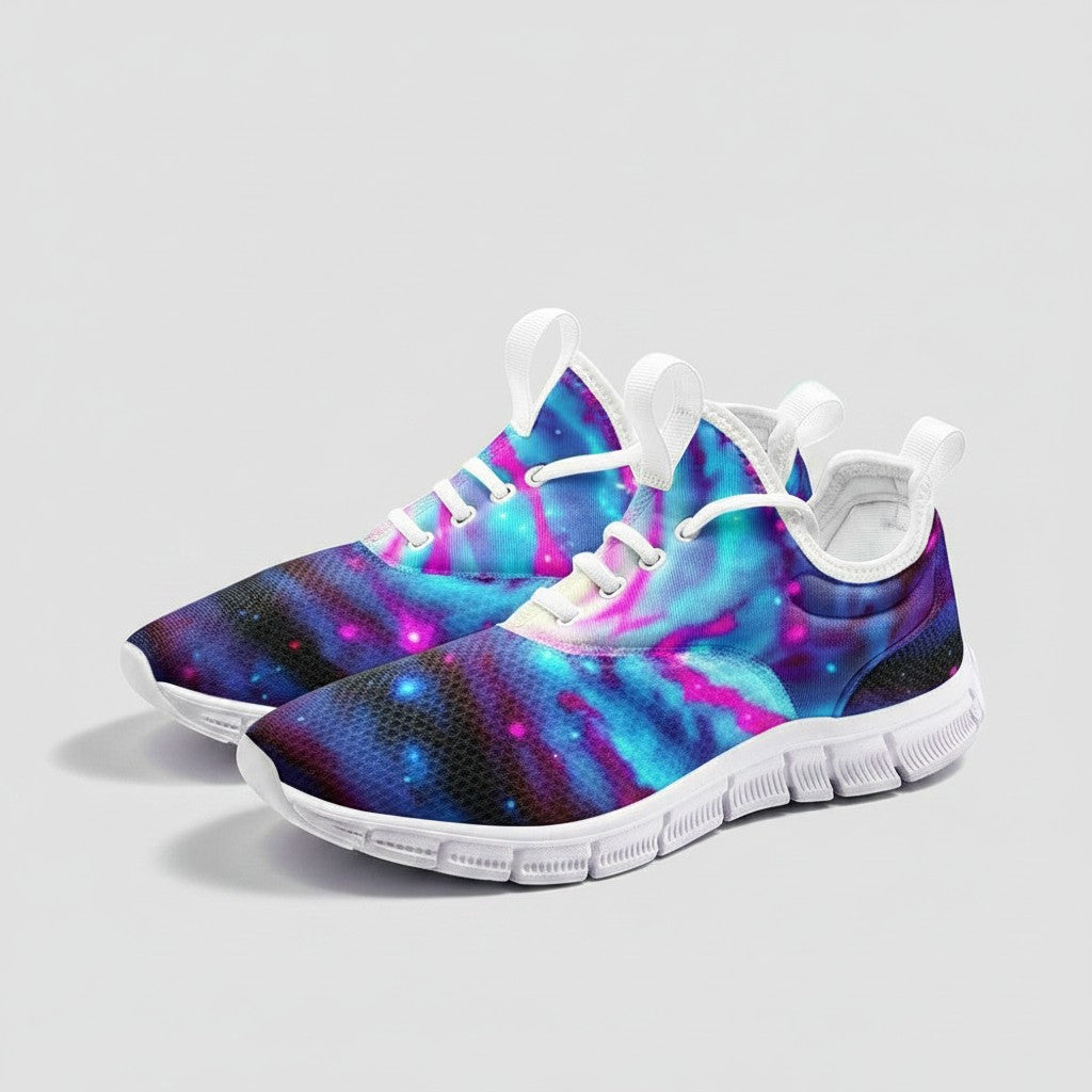 Freaky Shoes® Galaxy Twist high-top canvas sneakers featuring a vibrant blue and pink nebula space print.