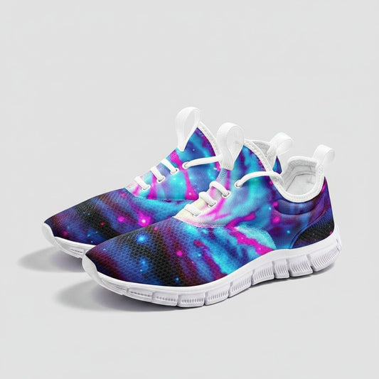 Freaky Shoes® Galaxy Twist high-top canvas sneakers featuring a vibrant blue and pink nebula space print.