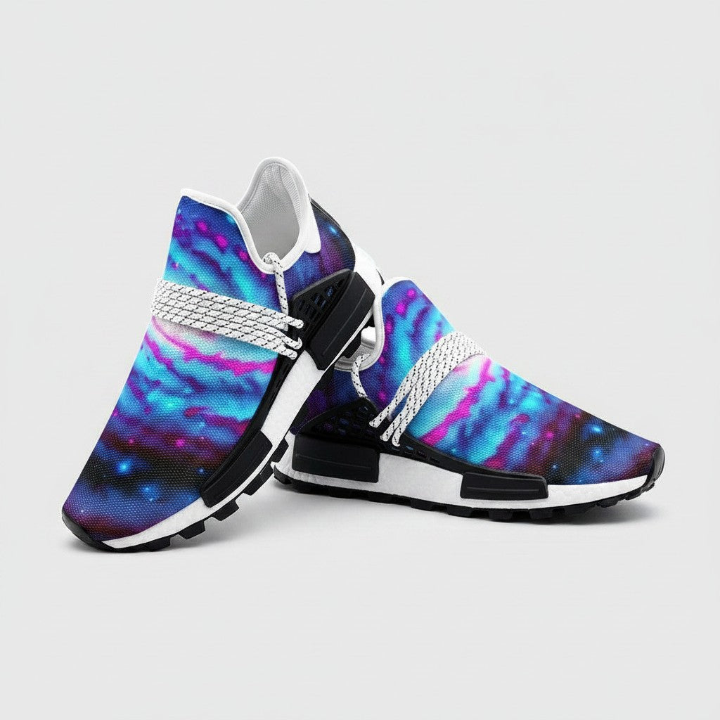 Freaky Shoes® Galaxy Twist high-top canvas sneakers featuring a vibrant blue and purple nebula print with white laces.