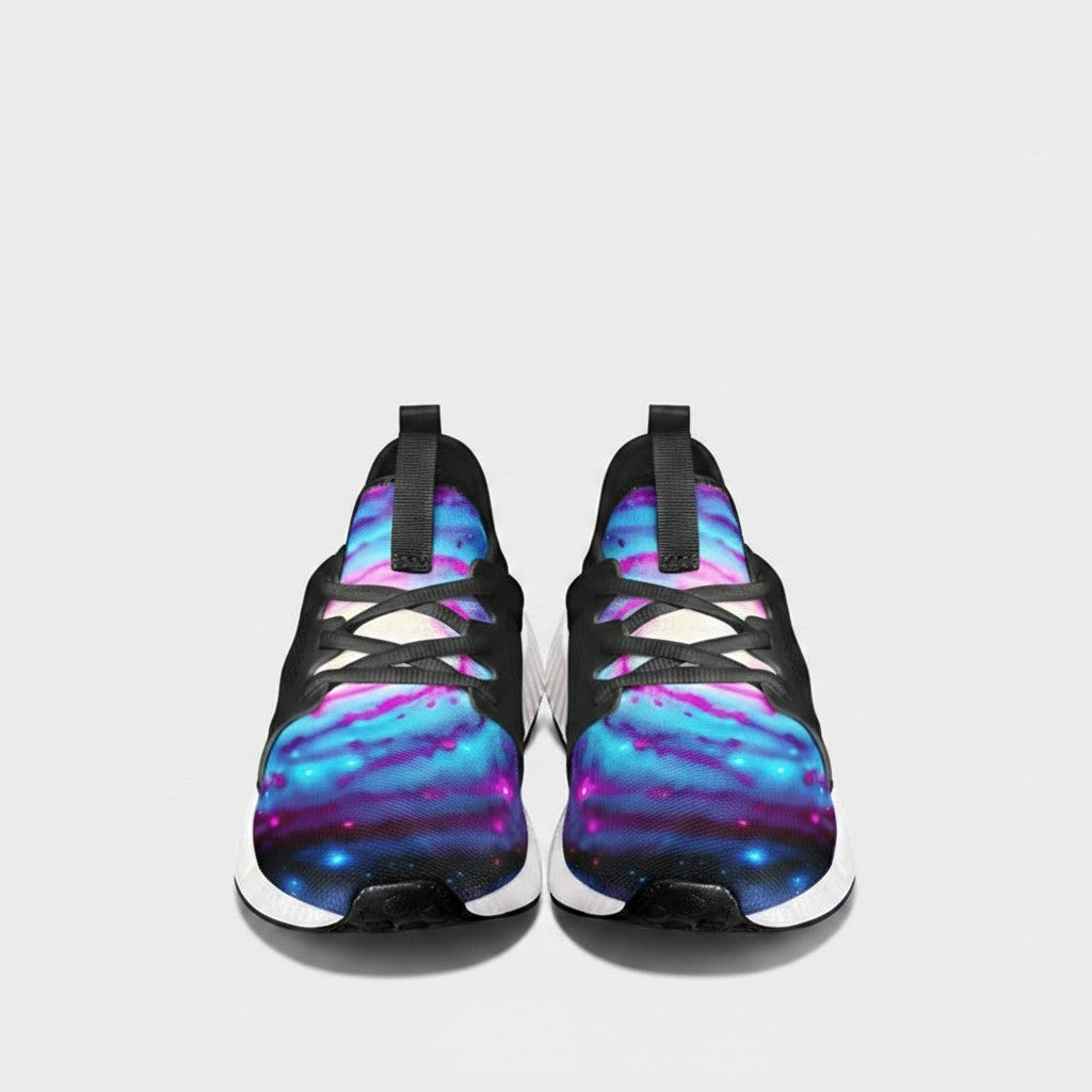 Freaky Shoes® Galaxy Twist high-top canvas sneakers featuring a vibrant blue and pink nebula space print.