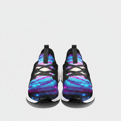 Freaky Shoes® Galaxy Twist high-top canvas sneakers featuring a vibrant blue and pink nebula space print.