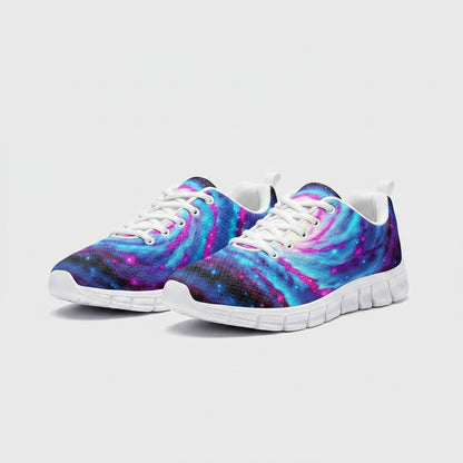 Freaky Shoes® Galaxy Twist high-top canvas sneakers featuring a vibrant blue and pink nebula space print.