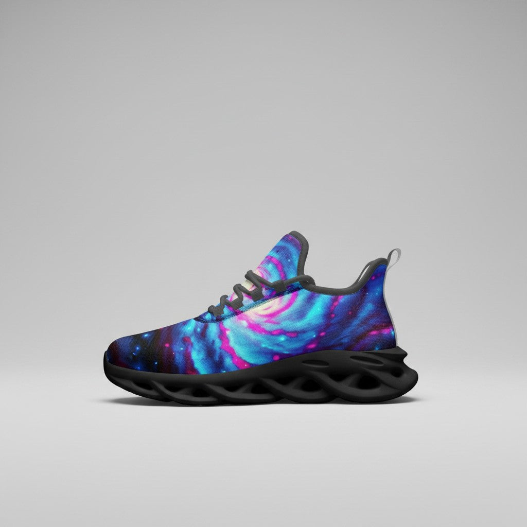Freaky Shoes® Galaxy Twist high-top canvas sneakers featuring a vibrant blue and pink nebula print on a black sole.