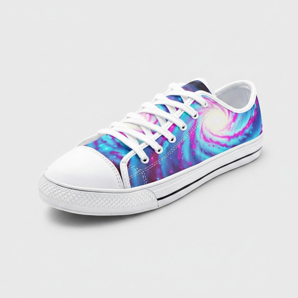 Freaky Shoes® Galaxy Twist low-top canvas sneakers featuring a vibrant blue and pink swirling nebula print.