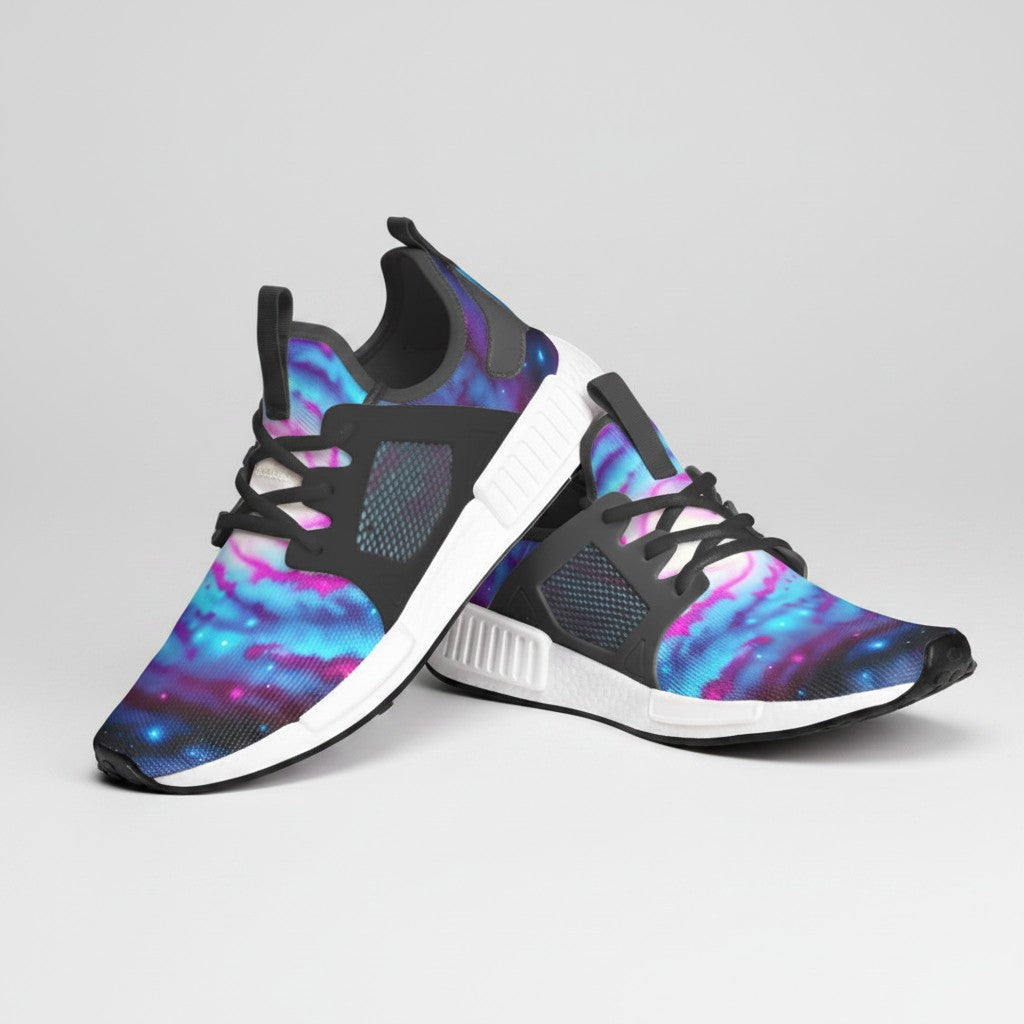 Freaky Shoes® Galaxy Twist high-top canvas sneakers featuring a vibrant blue and purple nebula print with black accents.