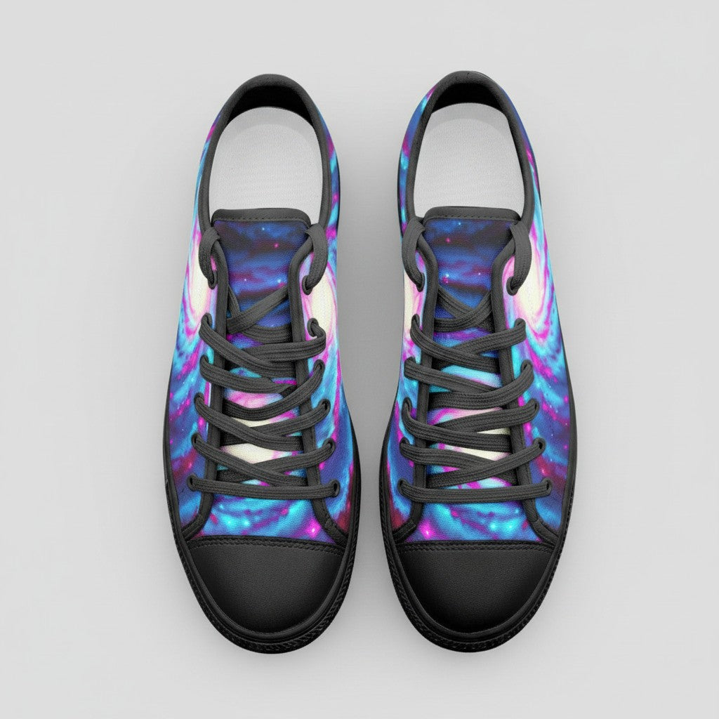 Freaky Shoes® Galaxy Twist low-top canvas sneakers with vibrant blue and purple nebula print and black laces.